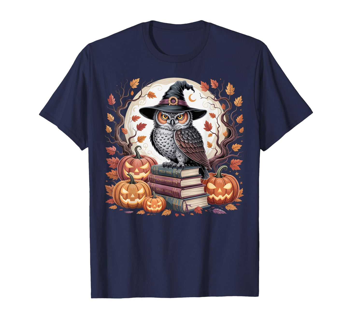 Witch Owl Pumpkin Autumn Moon Halloween Spooky Design T-Shirt