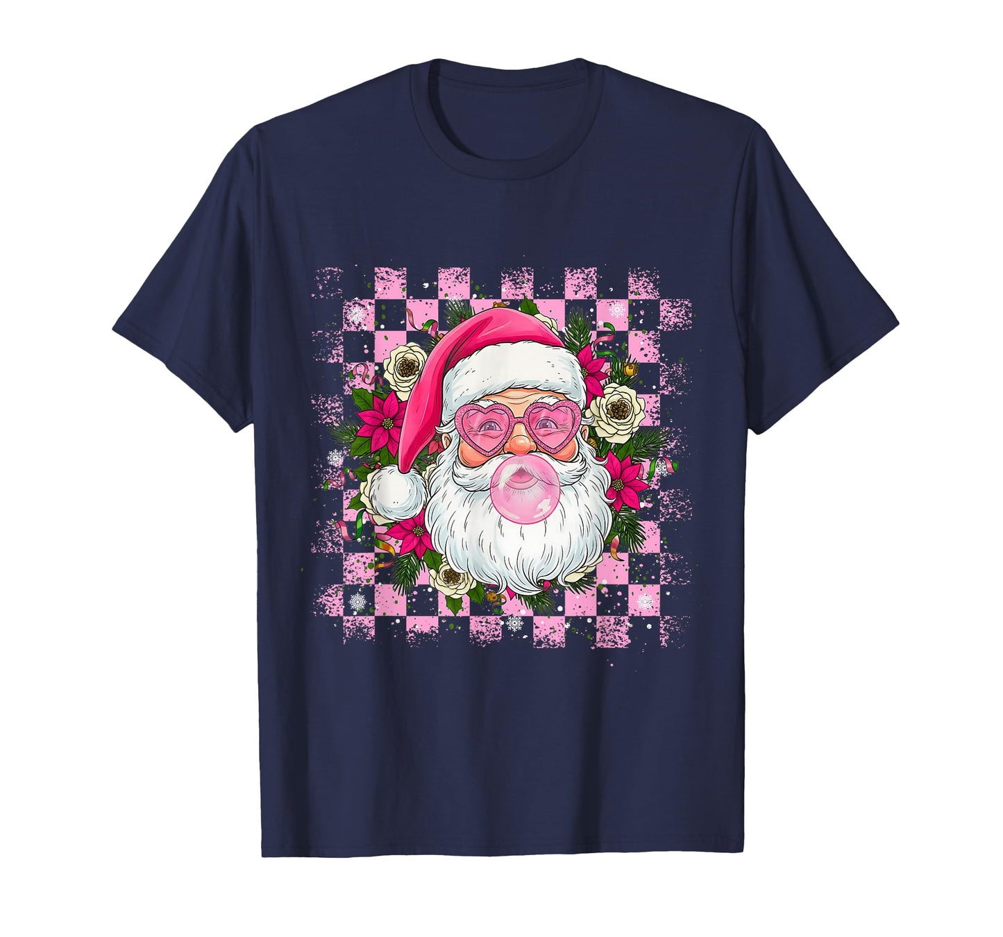 Vintage Retro Santa Christmas Bubble Gum Pink Sunglasses T-Shirt