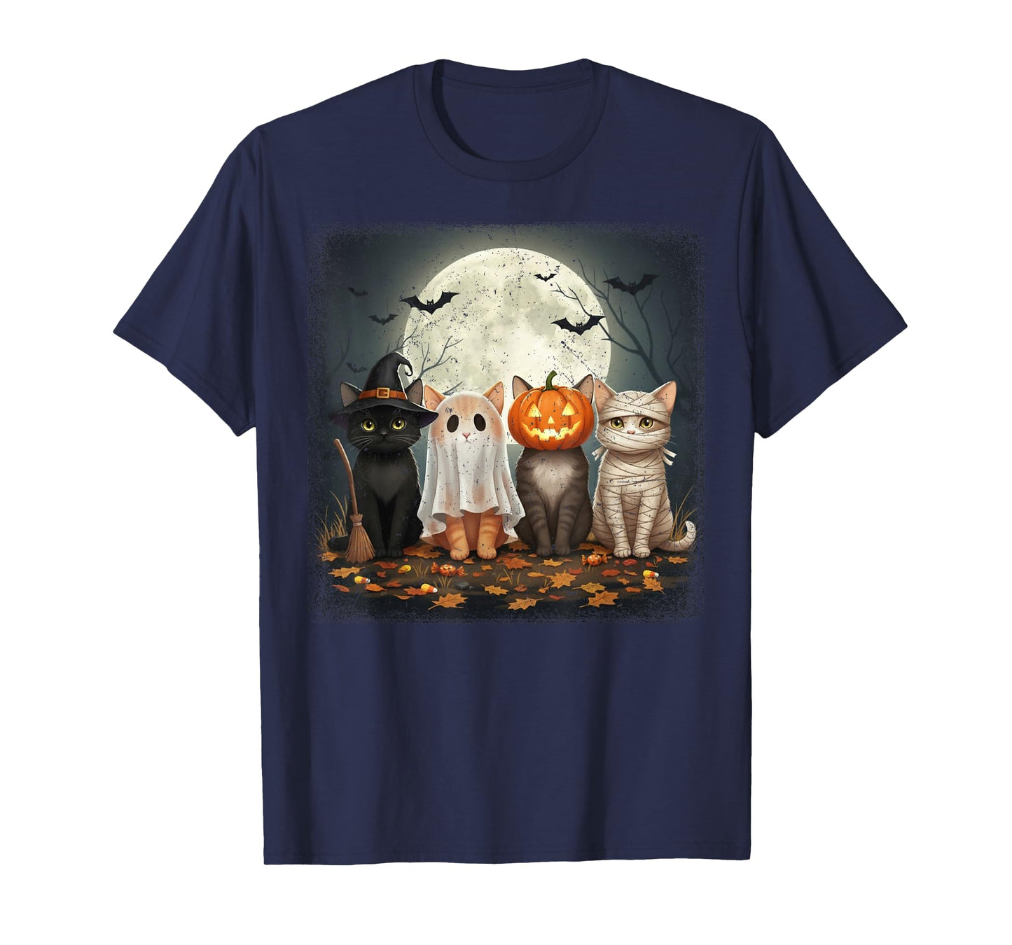 Kawaii Cats Pumpkin Ghost Witch Mummy Halloween Night T-Shirt