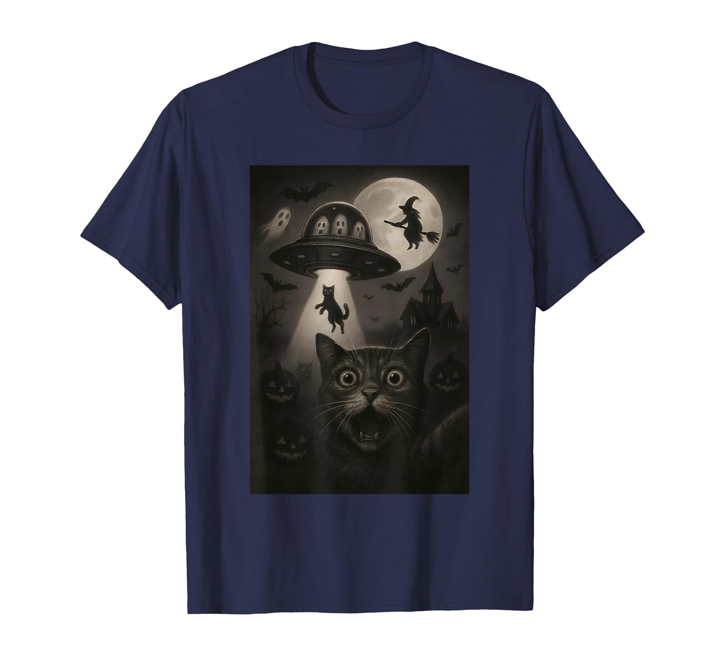 Halloween Cat Selfie Spooky Night Alien Abduction Cats UFO T-Shirt