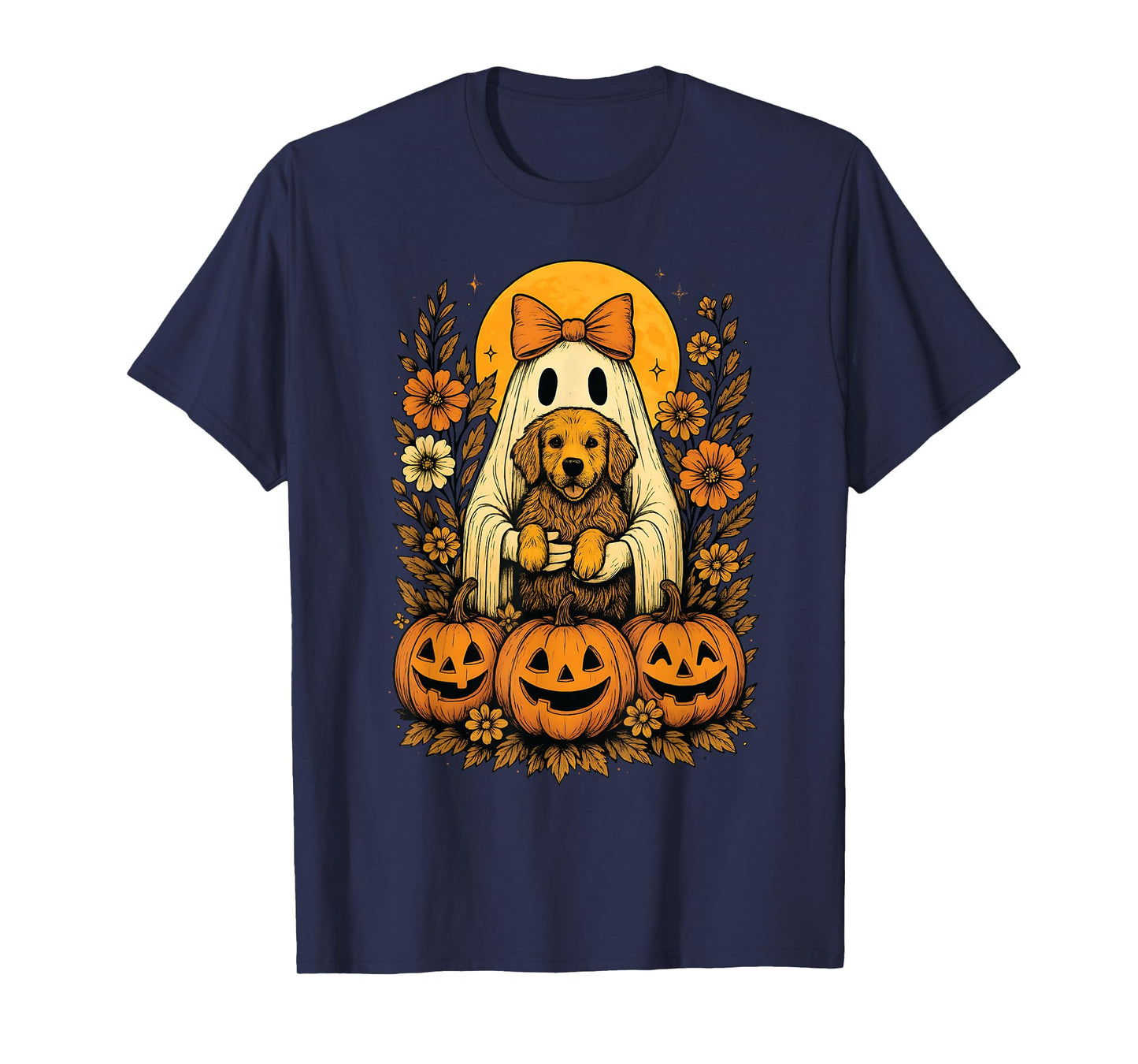 Vintage Halloween Ghost Holding Golden Retriever Dog T-Shirt