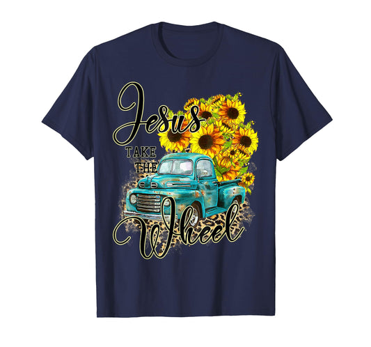 Sunflower Jesus Take The Wheel Christian Gift Leopard Print T-Shirt