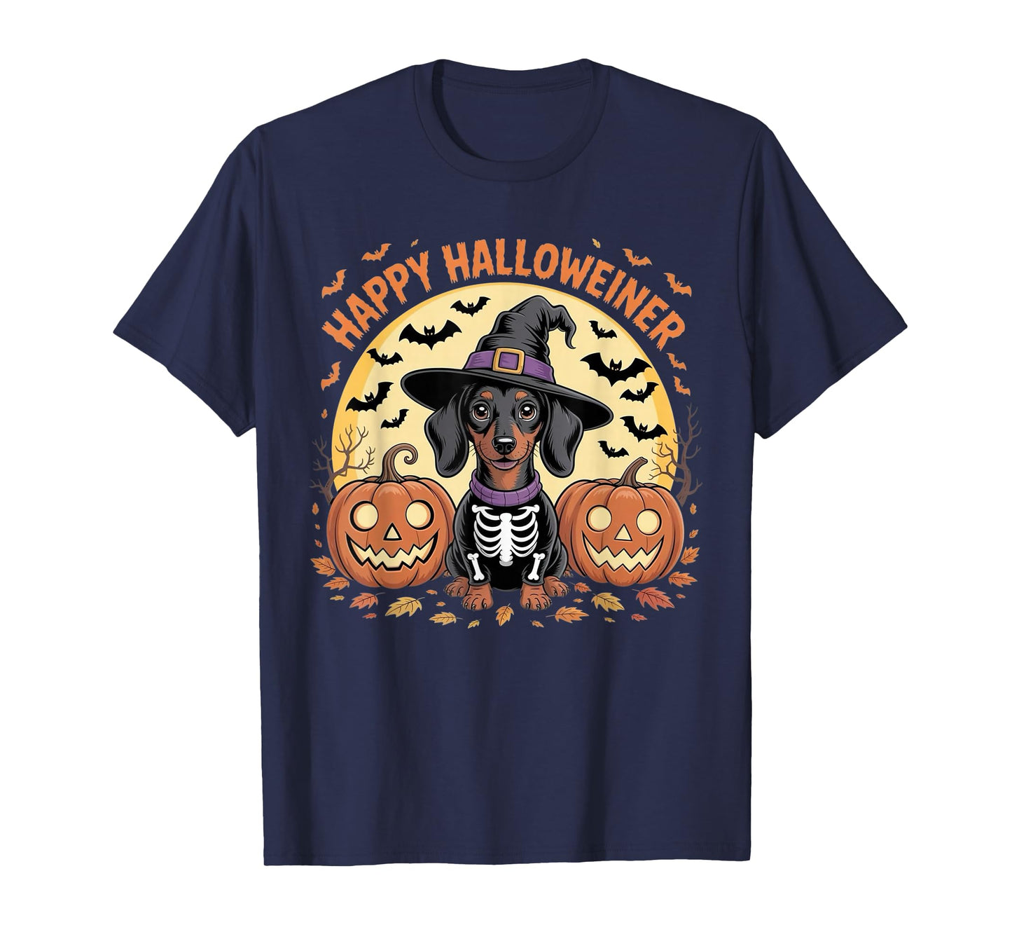 Happy Halloweiner Dachshund with Funny Halloween Pumpkins T-Shirt