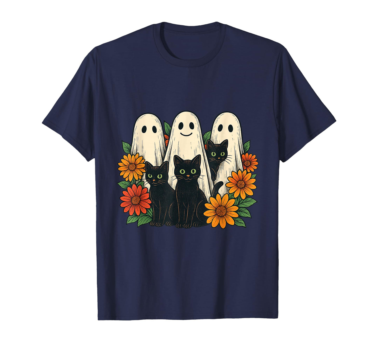 Vintage Halloween Ghost Holding Black Cat Groovy Floral T-Shirt