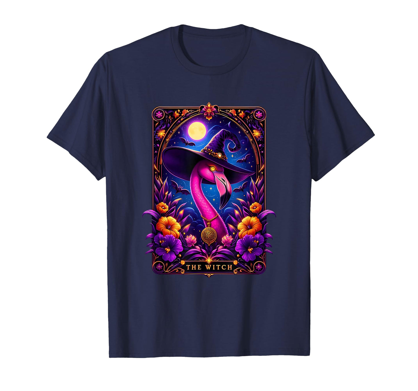 Witch Flamingo Tarot Card Halloween Gothic Art T-Shirt