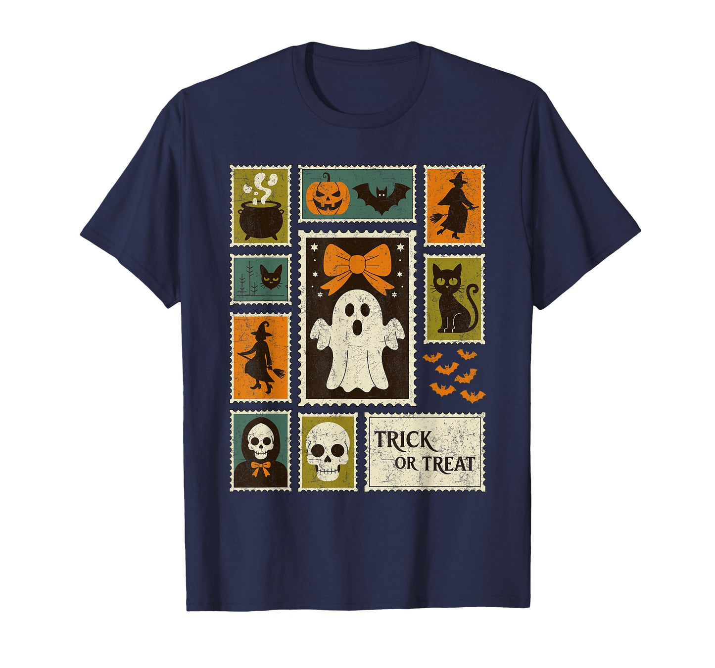 Halloween Stamps Spooky Pumpkin Ghost Cat Witch Skeleton T-Shirt