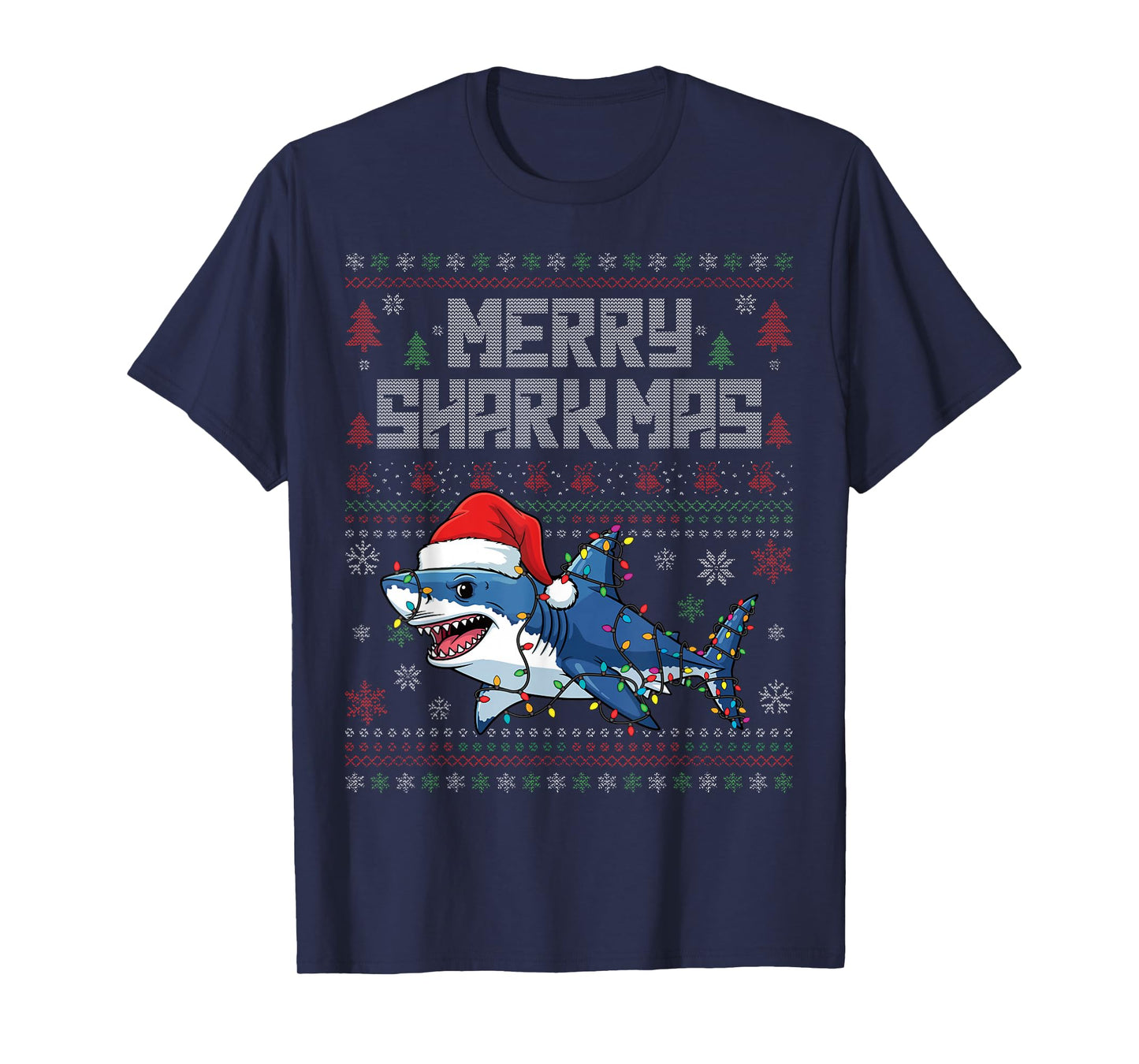Merry Sharkmas Shark Lights Santa Funny Ugly Christmas T-Shirt