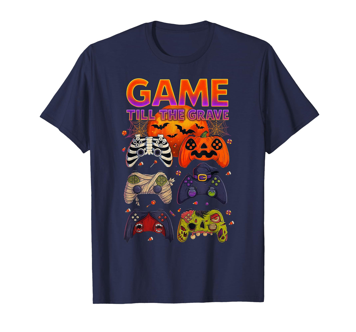 Game Till The Grave Halloween Funny Gamer Controller Pumpkin T-Shirt