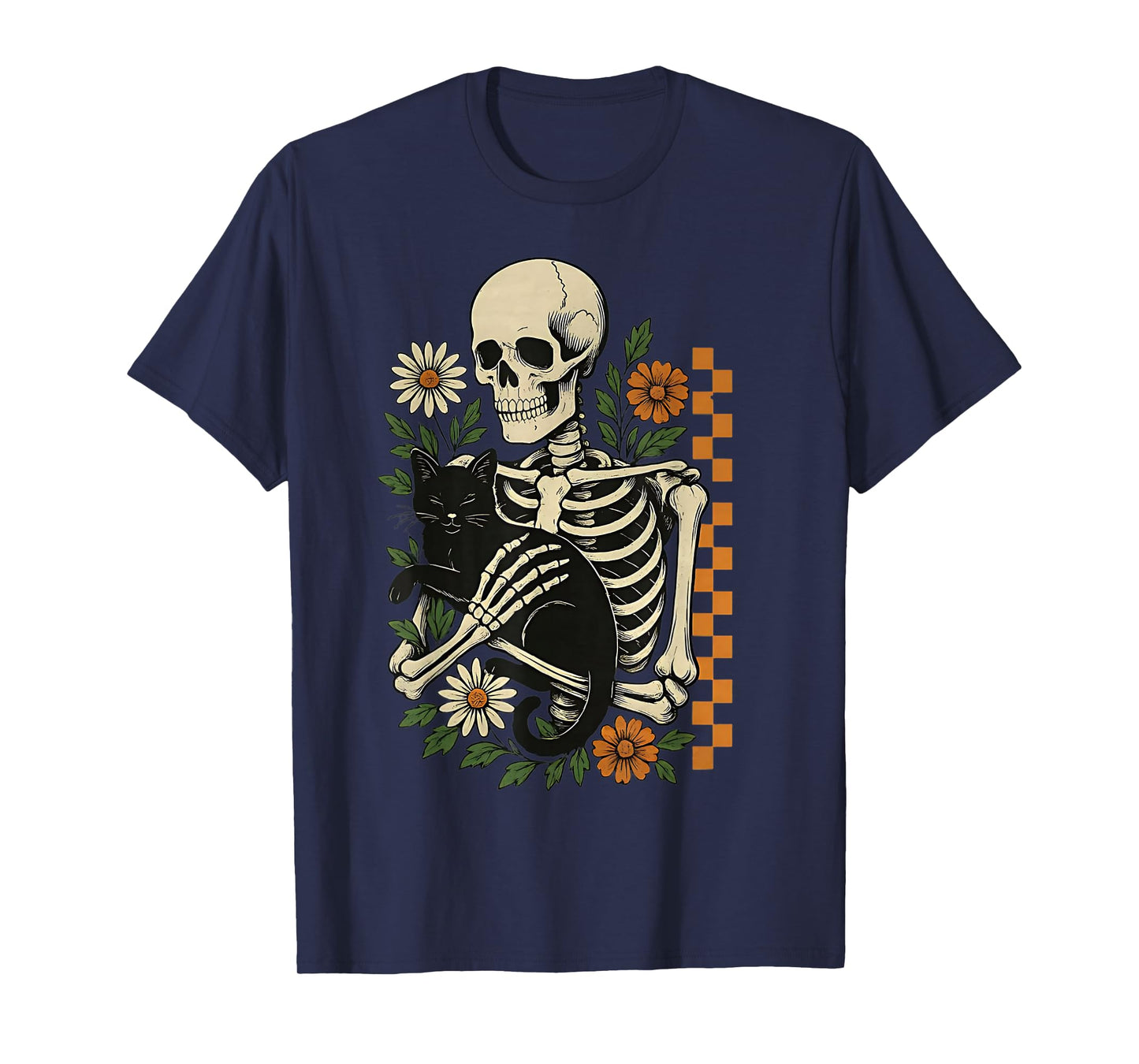 Funny Floral Skeleton Hugging Cat Halloween Cat Mom Cat Dad T-Shirt