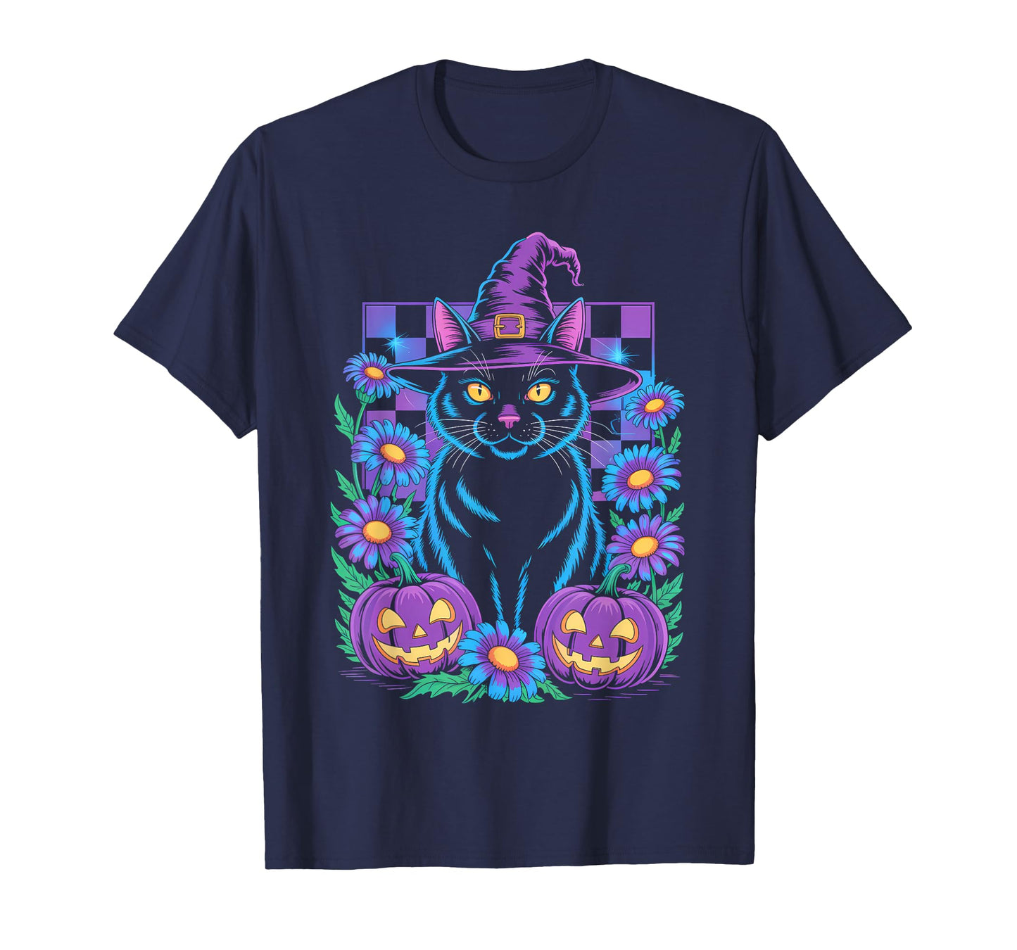 Retro Floral Checkered and Witch Cat with Pumpkins Halloween T-Shirt
