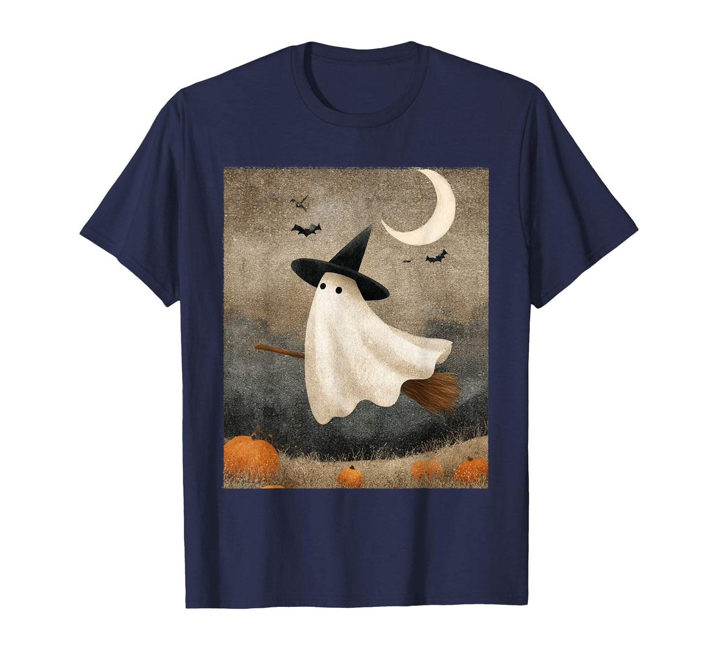 Spooky Ghost Witch on Broom Halloween Art T-Shirt