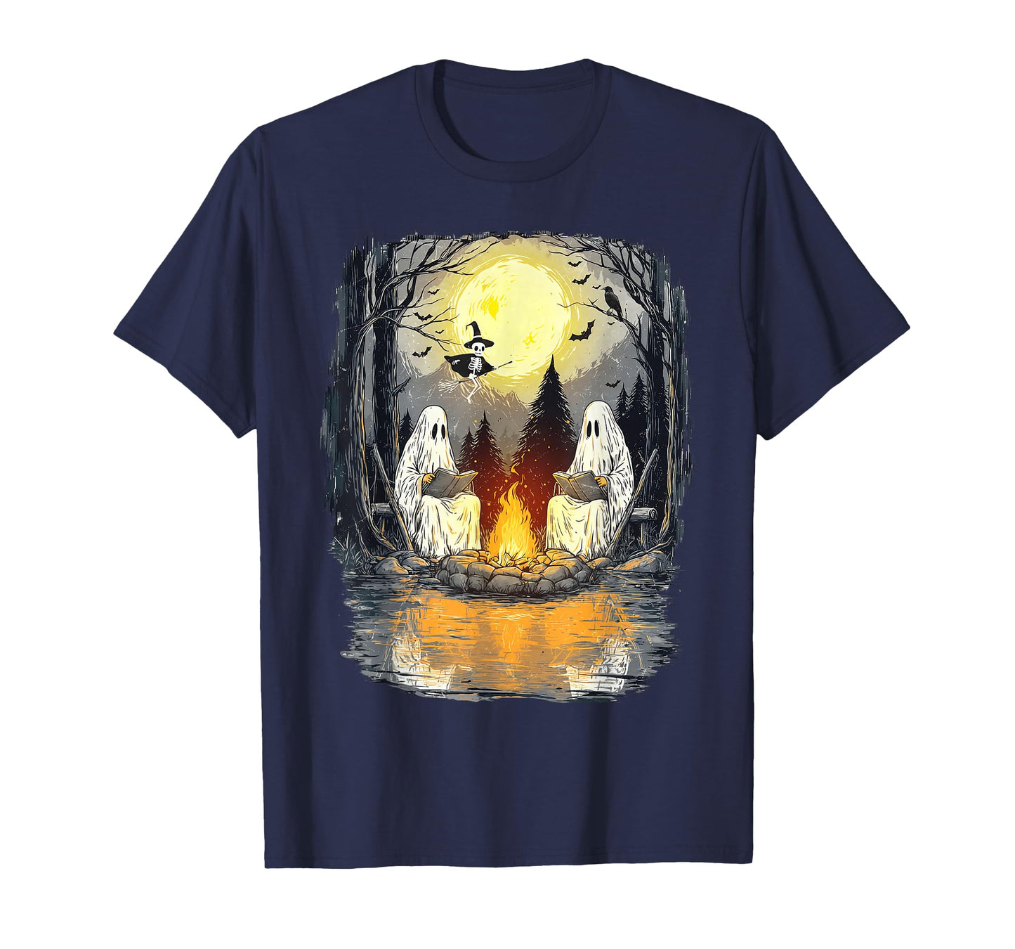 Ghost Reading Book Lover Camping Halloween Campfire T-Shirt