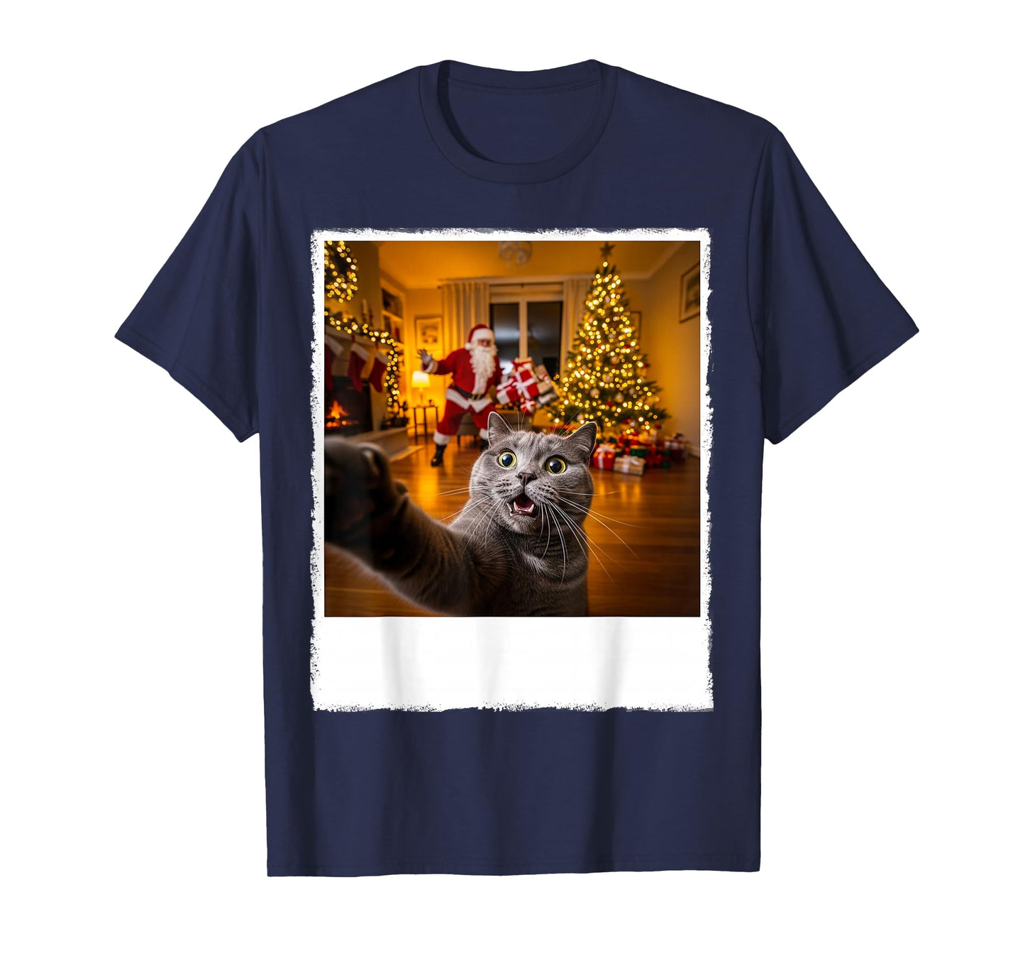 Cute Grey Cat Selfie with Santa Claus Gifts Christmas Tree T-Shirt