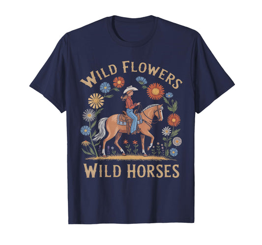 Retro Southern Sunset Wild Cowgirl Flowers - Wild Horses T-Shirt