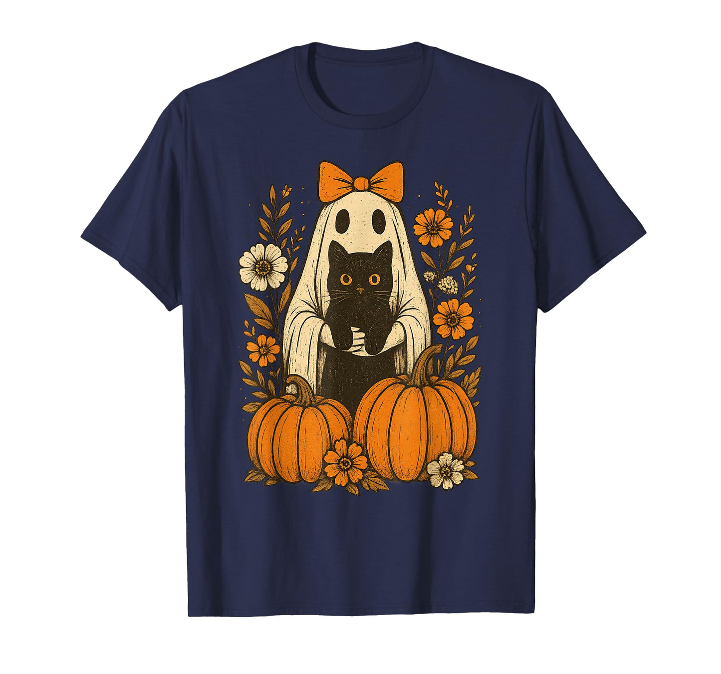 Vintage Halloween Ghost Holding Black Cat Groovy Floral T-Shirt