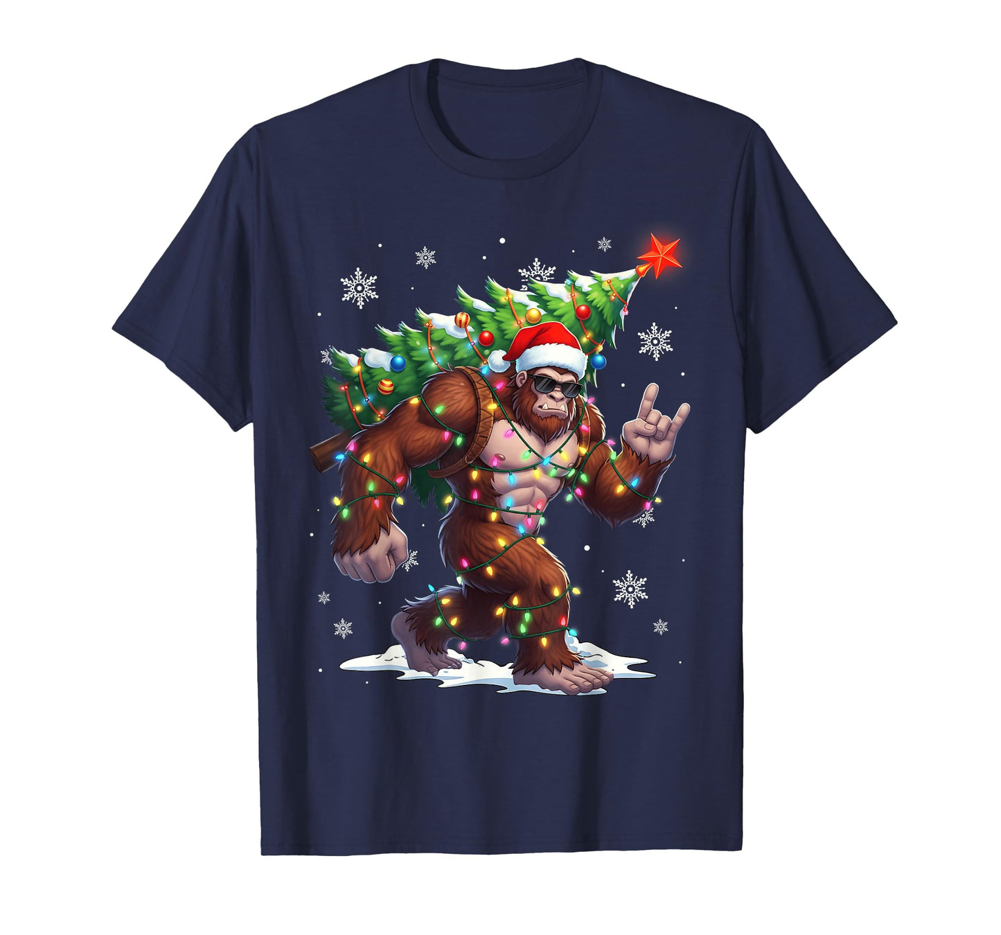 Funny Bigfoot Sasquatch Santa Christmas Tree Xmas Lights T-Shirt