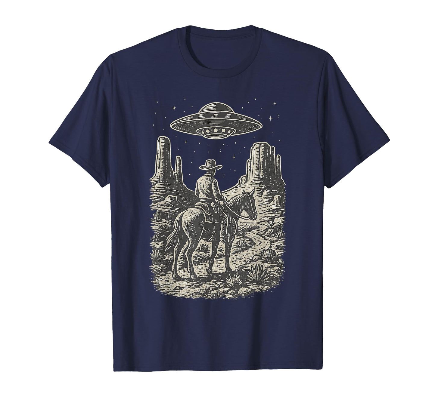 Vintage Western UFO Art Cowboy Alien Encounter T-Shirt