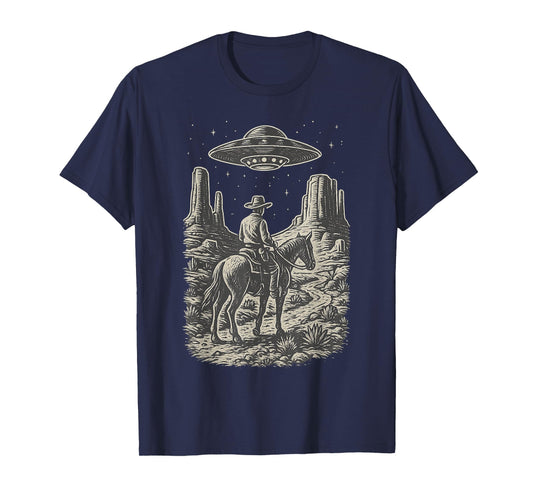 Vintage Western UFO Art Cowboy Alien Encounter T-Shirt