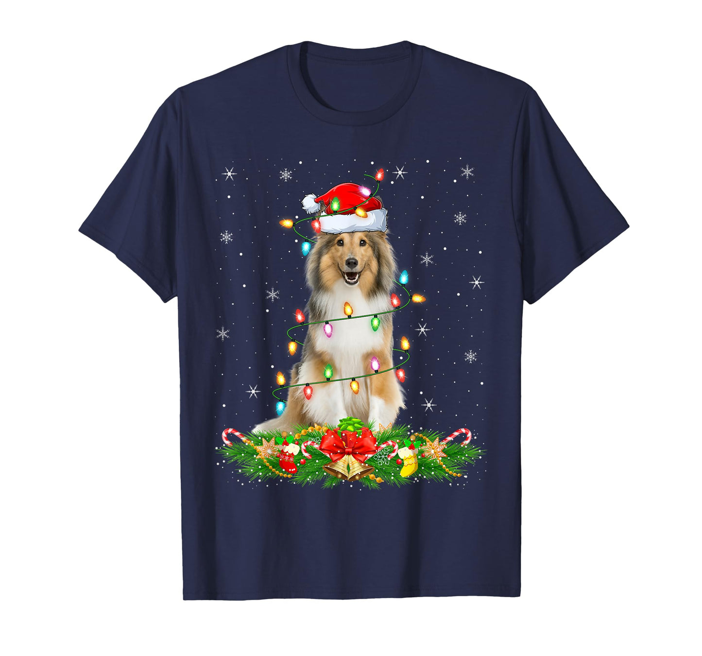 Sheltie Dog Christmas Lights Funny Santa Hat Xmas T-Shirt