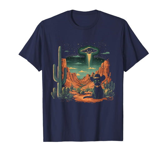 Black Cat Cowboy Hat Western UFO Alien Funny T-Shirt