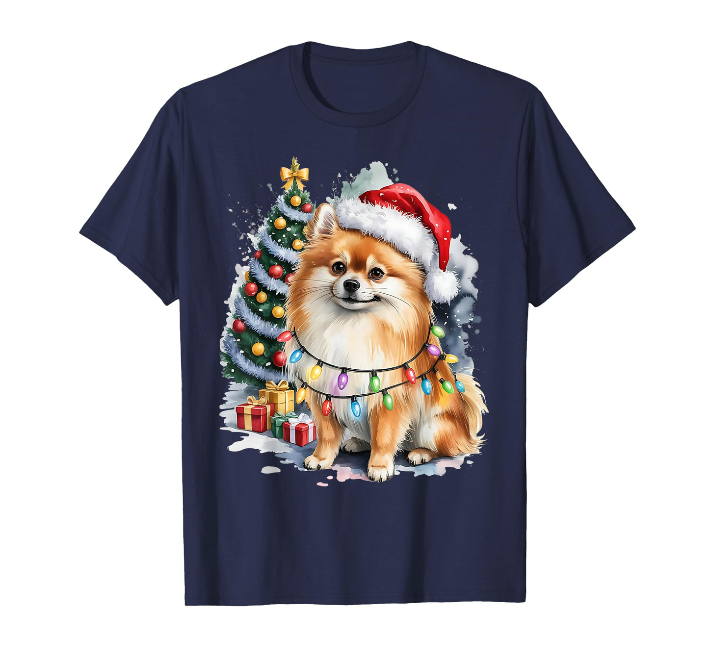 Pomeranian Christmas Dog with Santa Hat and Lights Holiday T-Shirt