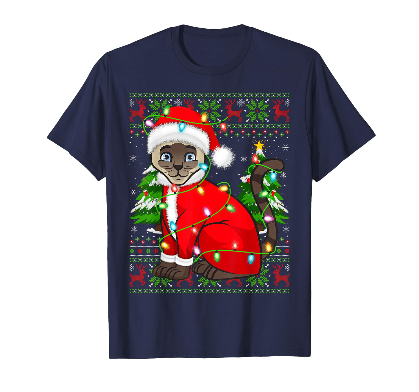 Siamese Cat Christmas Lights Santa Costume Ugly Xmas Sweater T-Shirt