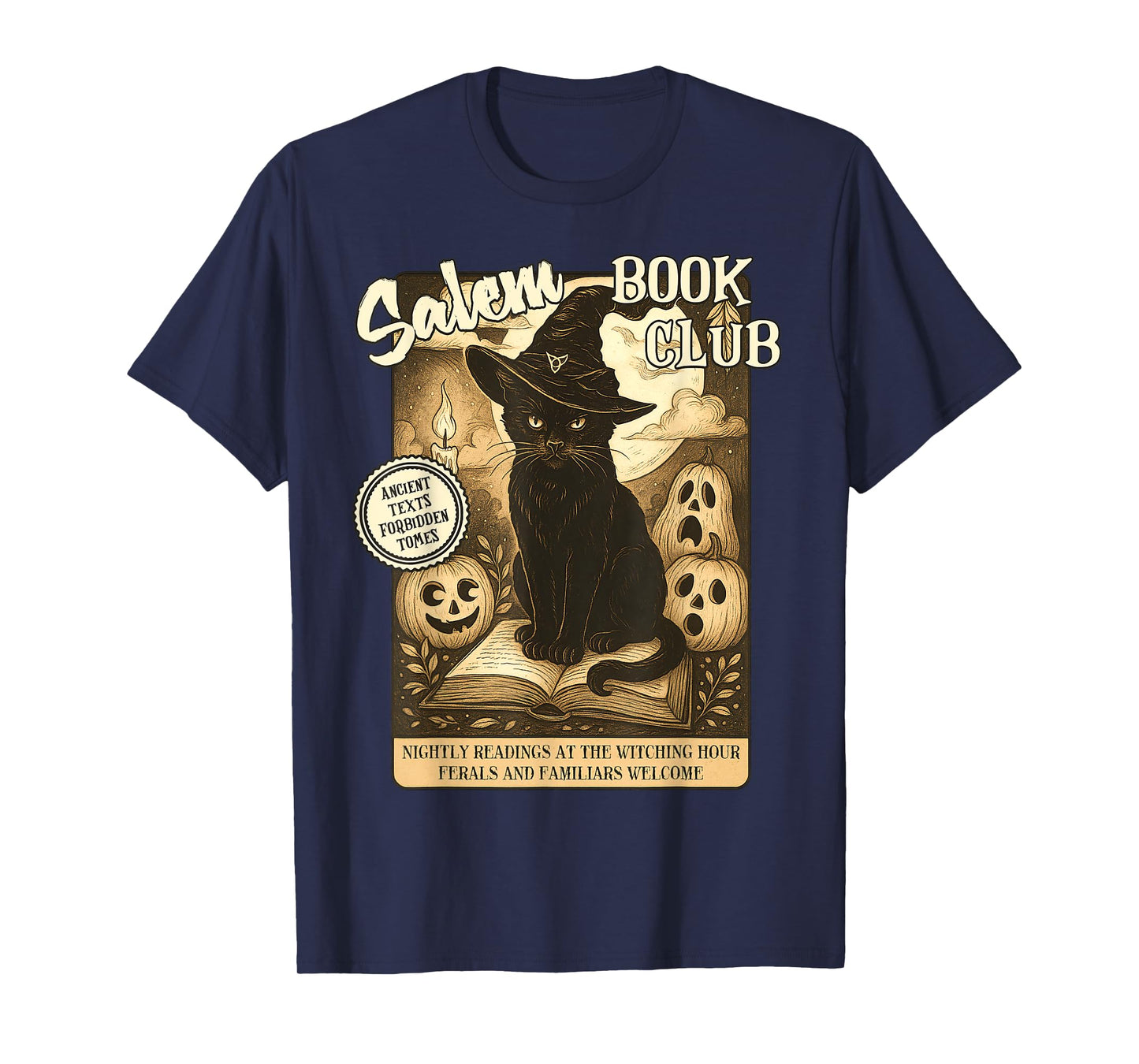 Retro Halloween Black Cat Salem Witch Book Club Bookish Men Women Kids T-Shirt