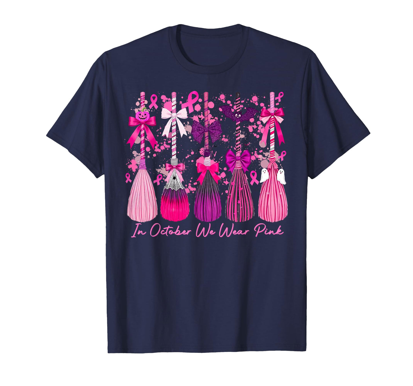 in October We Wear Pink Witch Broom Breast Cancer Halloween T-Shirt