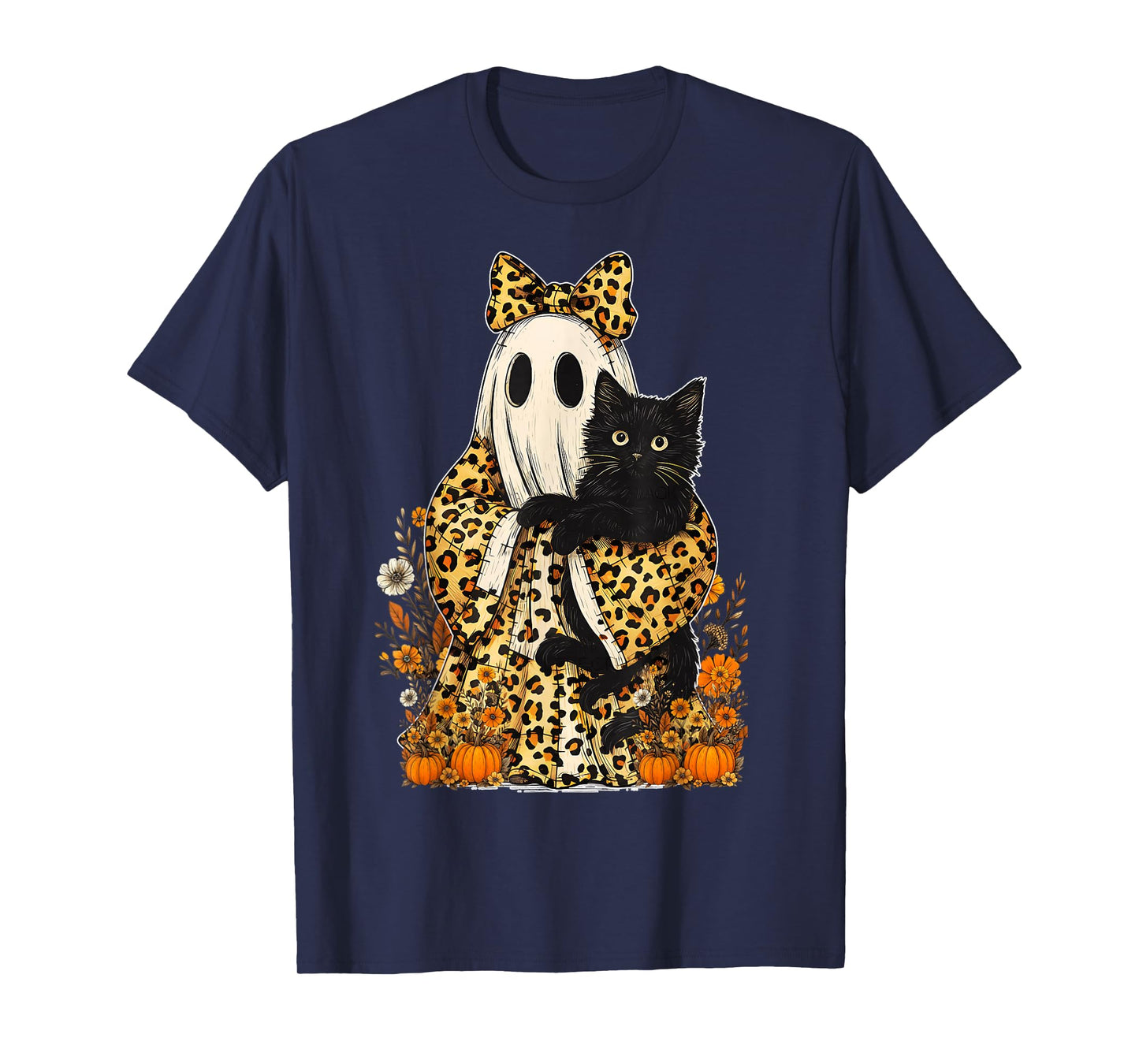 Vintage Halloween Ghost Holding Black Cat Groovy Floral T-Shirt