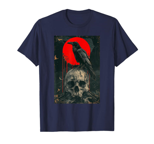 Red Moon Black Gothic Raven Skull Graphic Black Crow T-Shirt