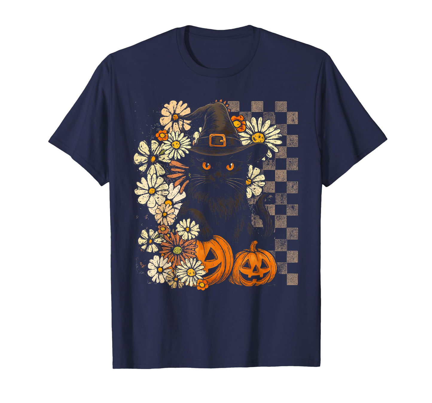 Retro Floral Black Cat Witch Pumpkin Halloween Spooky Season T-Shirt