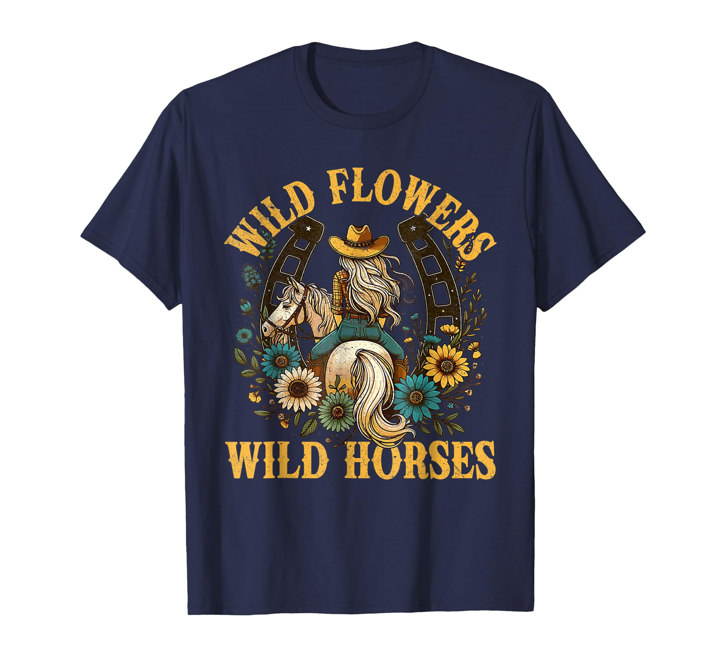 Retro Southern Sunset Cowgirl Wild Flowers Wild Horses T-Shirt