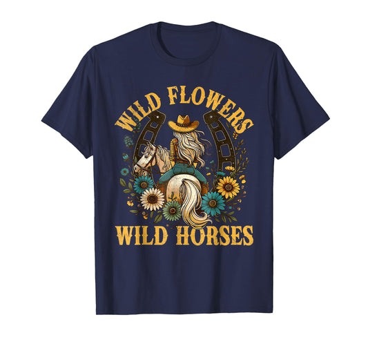Retro Southern Sunset Cowgirl Wild Flowers Wild Horses T-Shirt