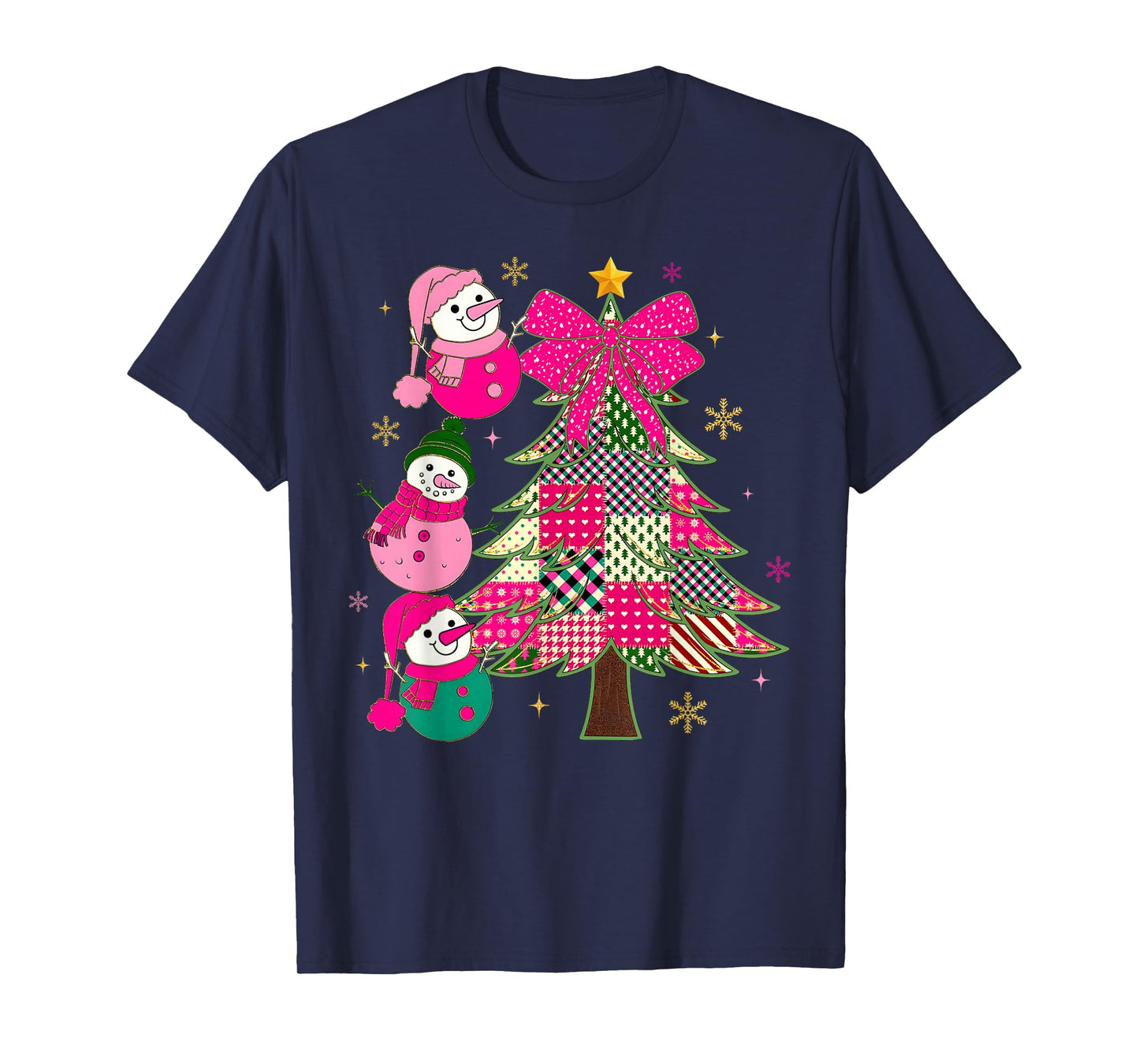 Patchwork Coquette Bow Xmas Snowman Holiday Christmas Tree T-Shirt