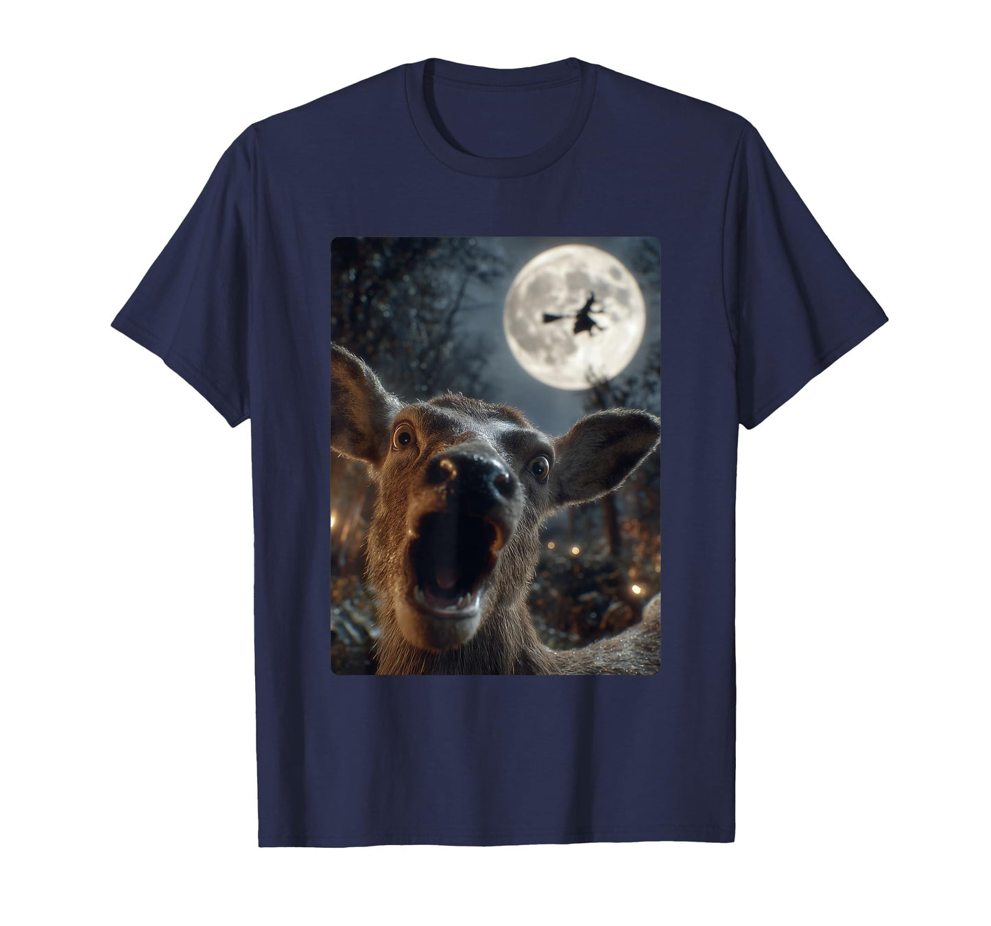 Funny Deer Selfie Full Moon Flying Witch Forest Halloween T-Shirt