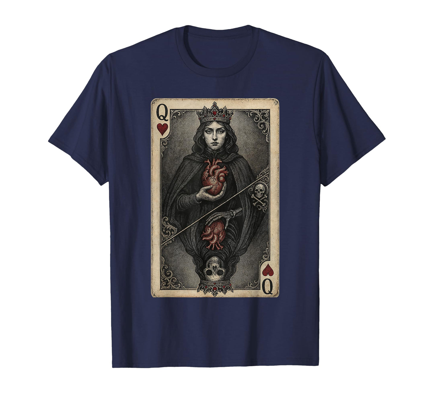 Vintage Gothic Queen of Hearts Playing Card Dark Fantasy Art T-Shirt