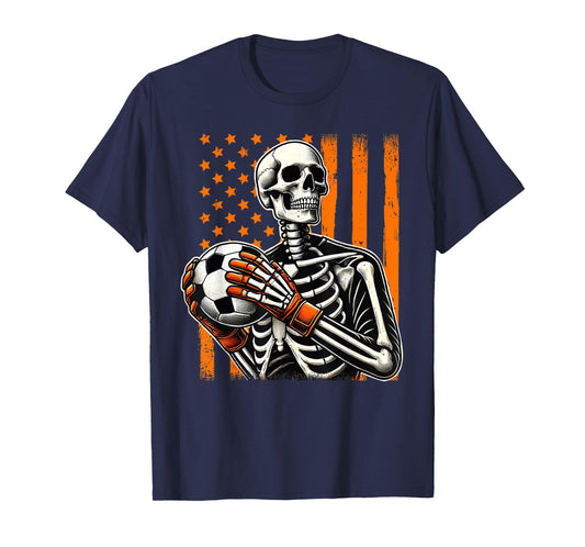 Skeleton Goalkeeper Holding Soccer Ball Goalie Halloween USA T-Shirt