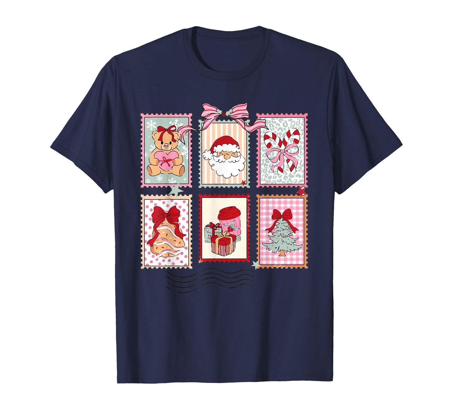 Pink Coquette Girly Vintage Christmas Stamp Santa Claus Xmas T-Shirt