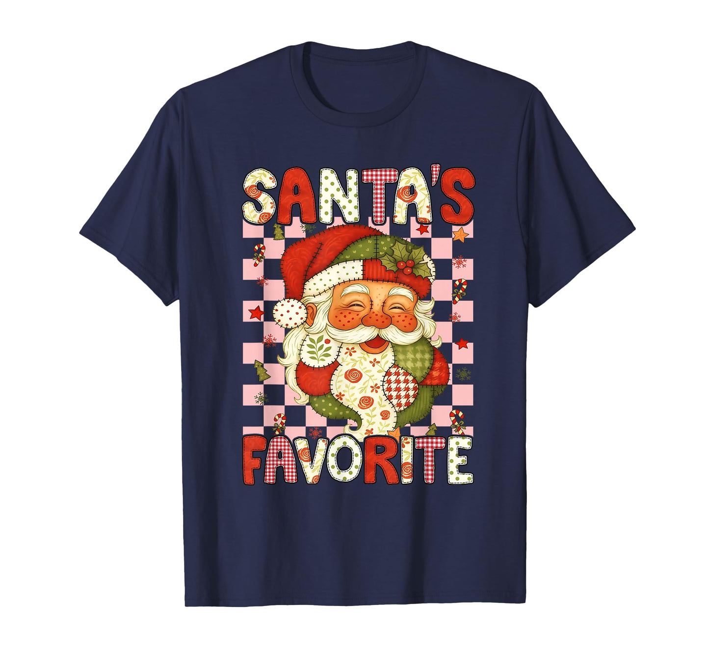 Santa's Favorite Patchwork Santa Face Vintage Christmas Folk T-Shirt
