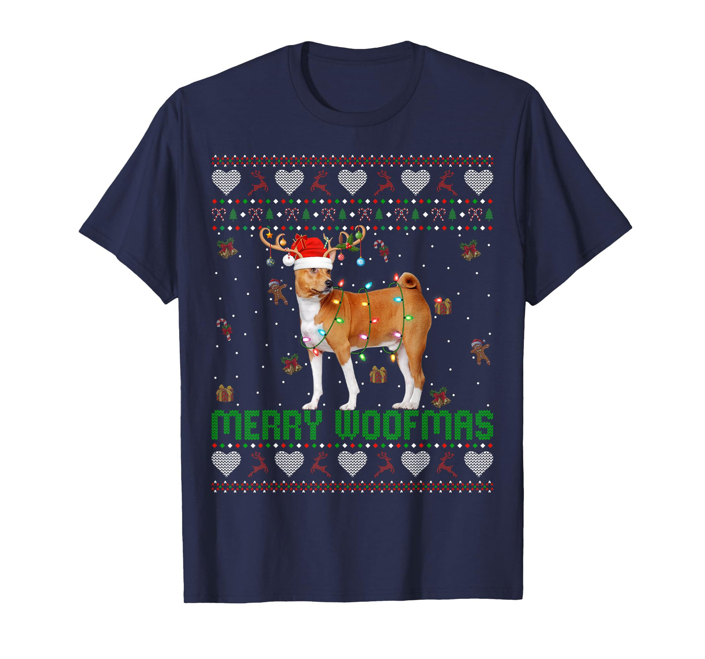 Basenji Dog Christmas Lights Ugly Sweater Xmas Pajamas T-Shirt