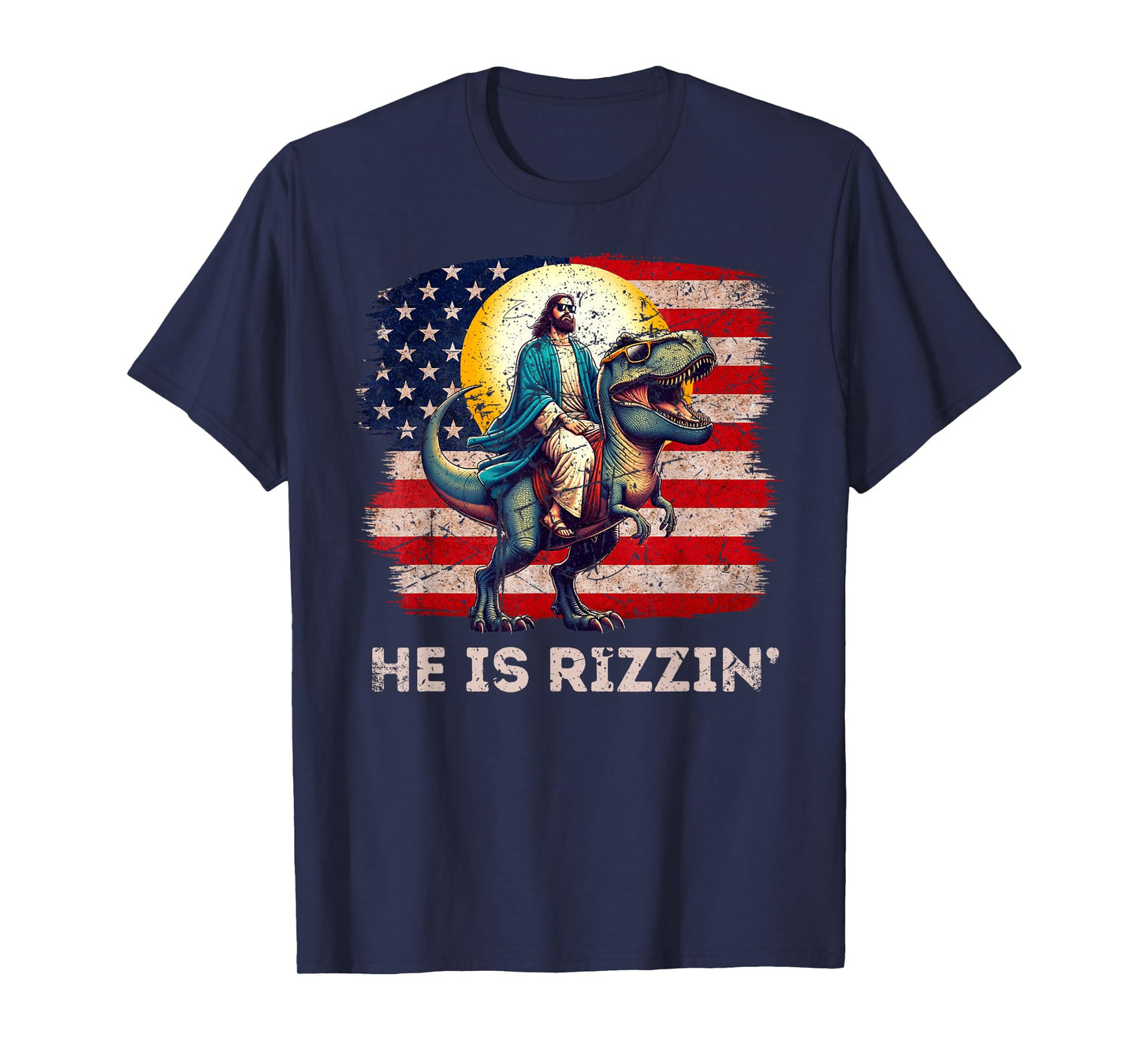 He Is Rizzen Jesus Has Rizzen Retro Christian Dinosaur T-Shirt