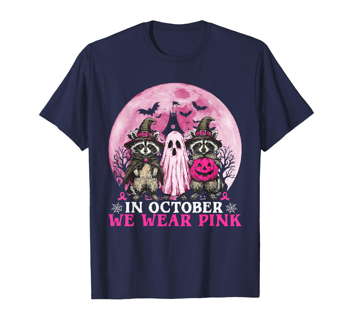 Ghost and Witch Raccoon in October We Wear Pink Halloween T-Shirt