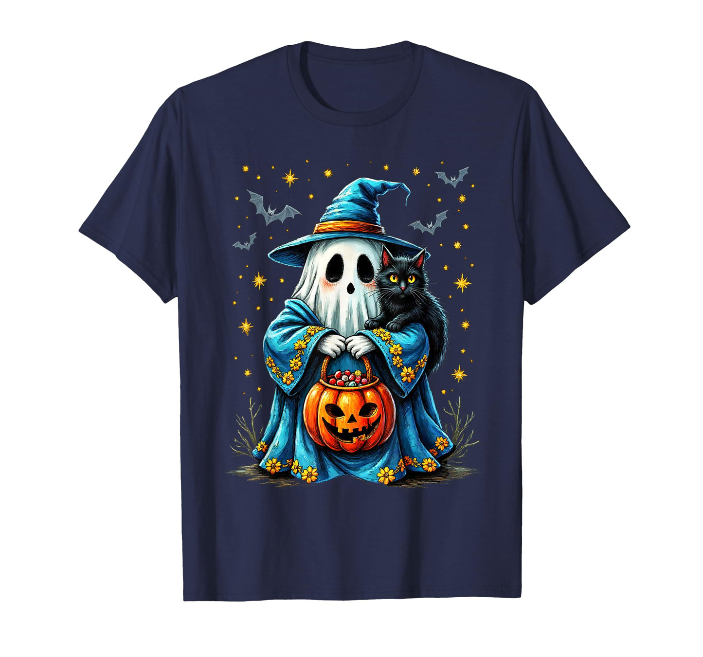 Ghost Holding Black Cat Lover Halloween 2025 Groovy Floral T-Shirt