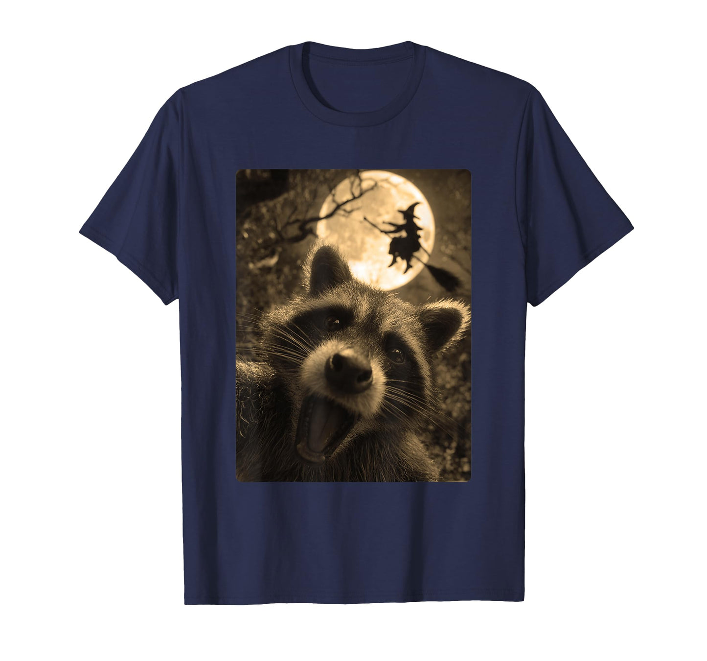 Funny Raccoon Selfie Full Moon Flying Witch Forest Halloween T-Shirt