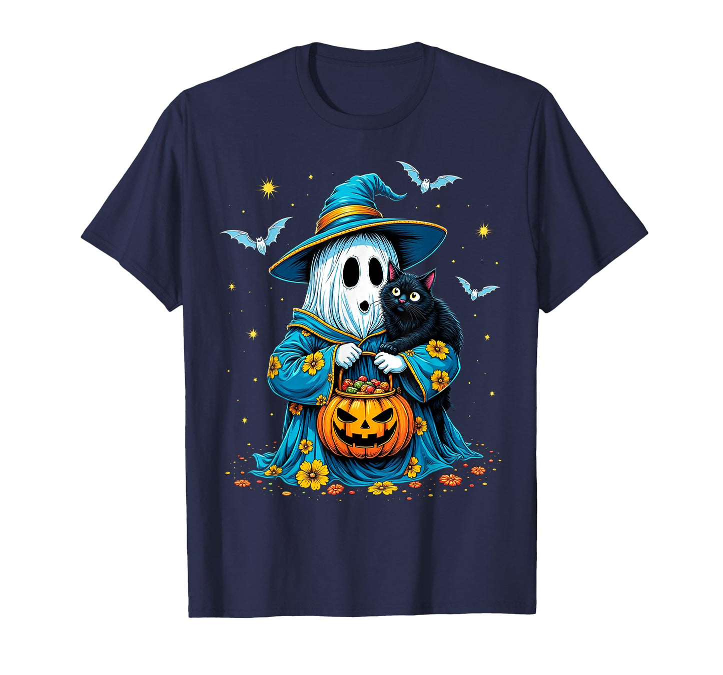 Ghost Holding Black Cat Lover Halloween 2025 Groovy Floral T-Shirt