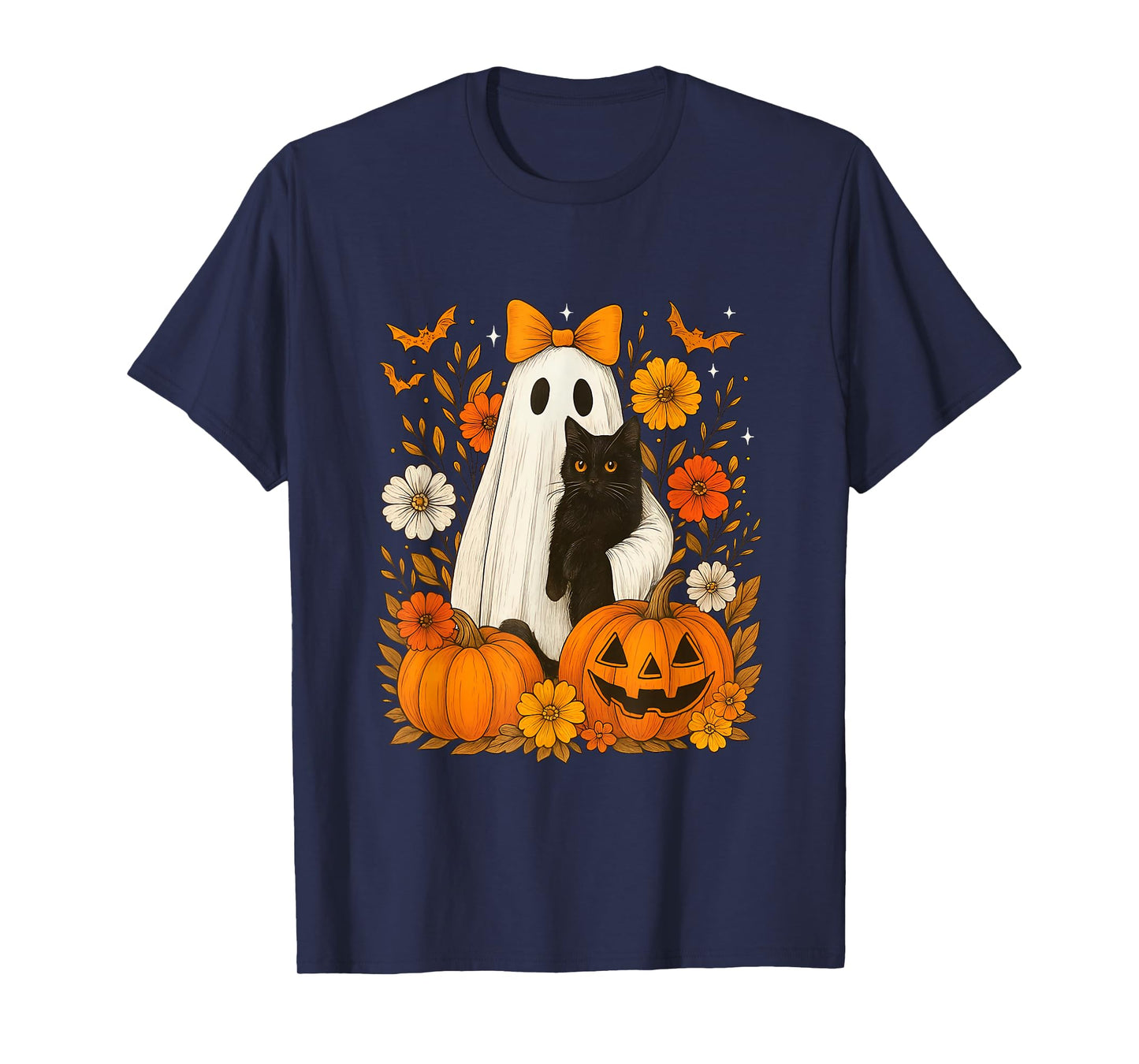 Spooky Ghost Holding Black Cat Groovy Floral Halloween Goth T-Shirt