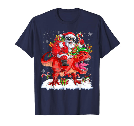 Dinosaur Christmas Lights Funny Men Boys Kids Xmas T-Shirt