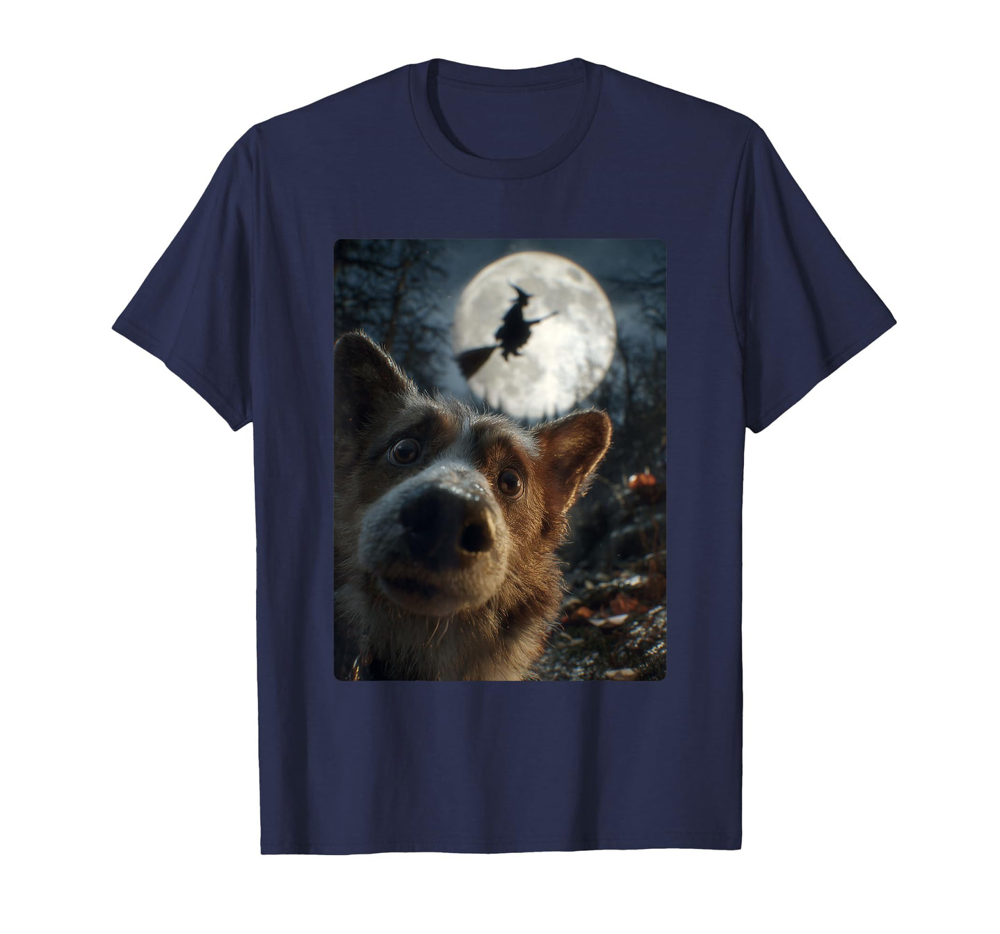 Funny Corgi Selfie with Full Moon Flying Witch Halloween Dog T-Shirt