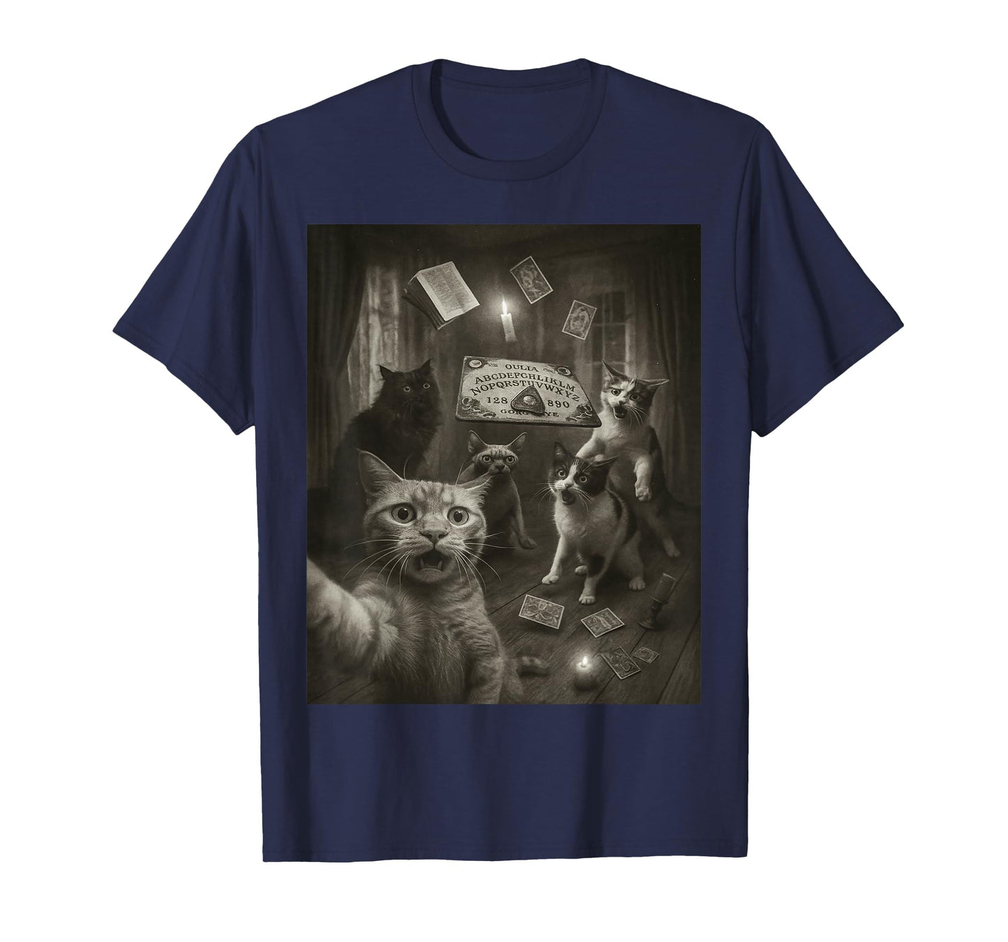 Panicked Cats Selfie Ouija Board Funny Cat Halloween Vintage T-Shirt