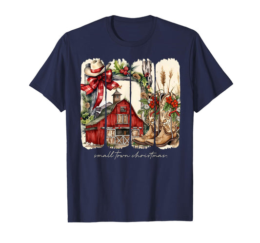Small Town Christmas Western Cowboy Boots Coquette Bow Xmas T-Shirt